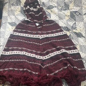 Xhilaration Hooded Striped Poncho in Burgundy and Cream